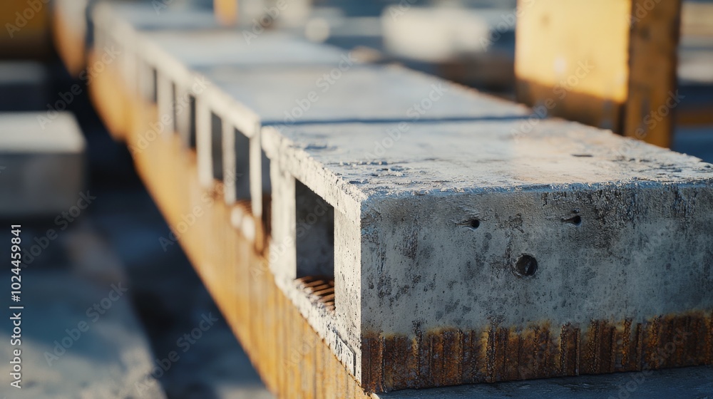 Poster a close-up view of concrete blocks stacked on a construction site, showcasing their texture and stru