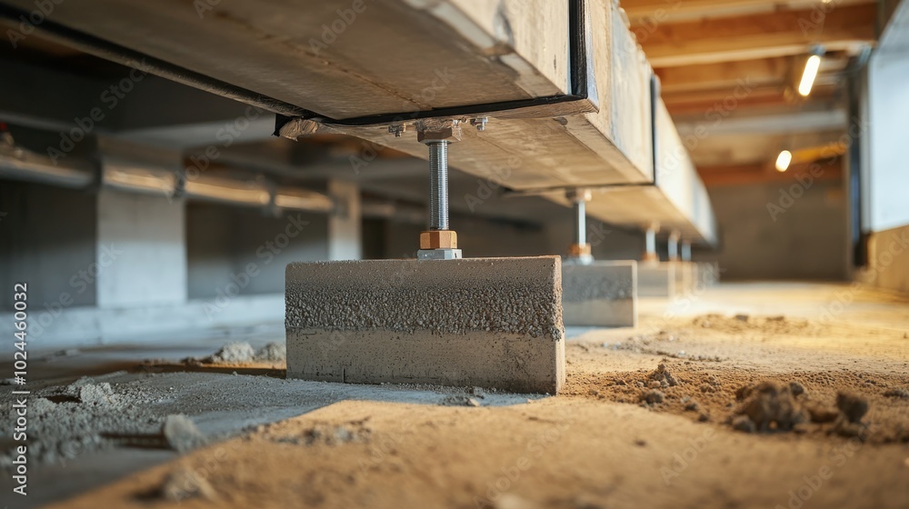 Poster a close-up view of concrete supports under a structure, showcasing the foundation, stability, and co