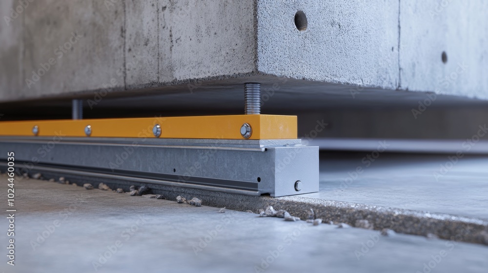 Poster a close-up view of concrete construction featuring a rail system, showcasing stability and support m