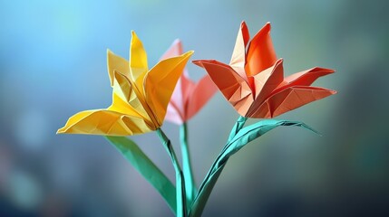 Origami Flowers. Japanese Culture Inspired Paper Folding Art with Tulip Decoration