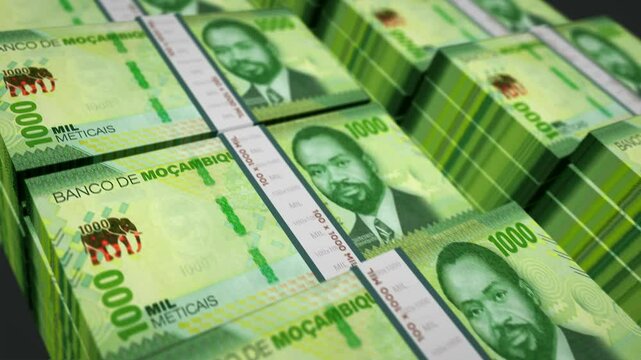 Mozambique money Mozambican Metical pack loop 3d animation. Loopable seamless concept of finance, cash, economy, business and bank. Camera moving over 1000 MZN banknote bundle stacks.
