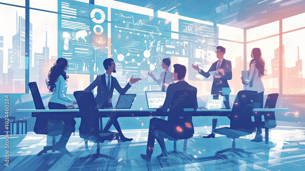 Poster diverse team collaborating on project in modern office setting