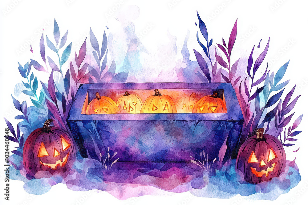 Wall mural a mystical halloween scene featuring a bubbling cauldron surrounded by colorful plants and glowing j