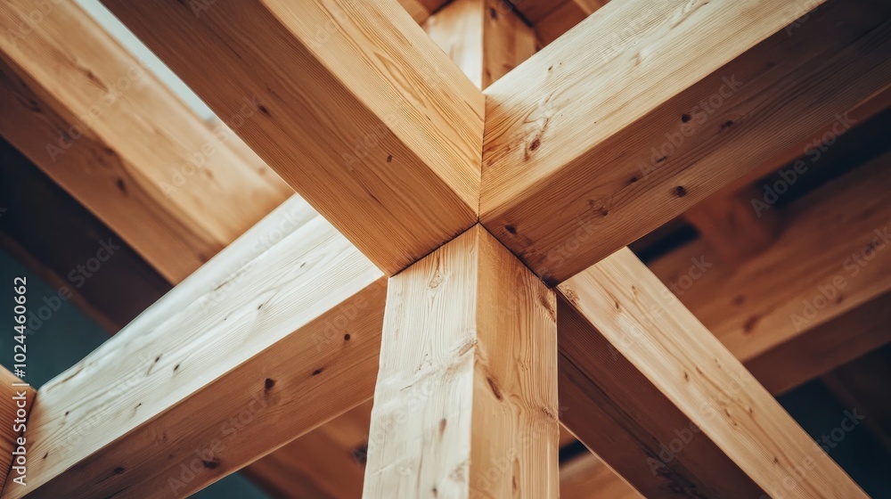 Poster a close-up view of wooden beams intersecting in a geometric pattern, showcasing craftsmanship and na