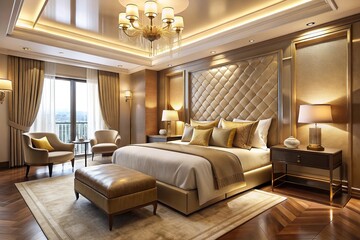 Luxurious hotel bedroom with golden accents and asymmetrical design