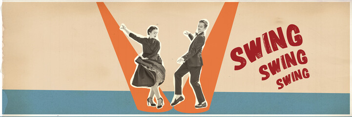 Vintage elegance in motion. Stylish couple dancing swing on beige background, exuding retro charm from 1930s. Concept of retro aesthetic, vintage dance, nostalgia, elegance. Contemporary art collage.