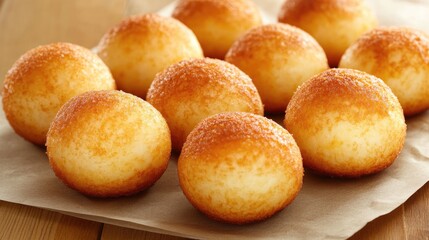 Delicious French cheese potato croquettes on a piece of baking paper over a wooden table, with space for text or menu branding for restaurant ads.