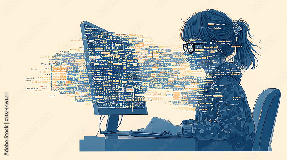 Poster young female programmer immersed in digital coding world
