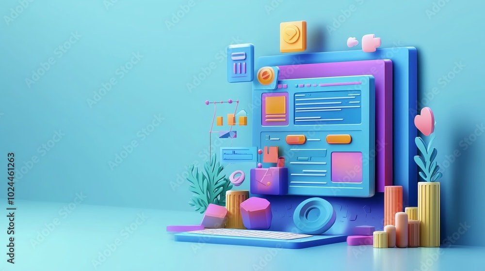 Poster colorful abstract digital workspace design with vibrant geometric shapes and structured layout on a 