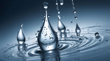 Crystal-clear droplet, suspended in time, ripples in a blue expanse