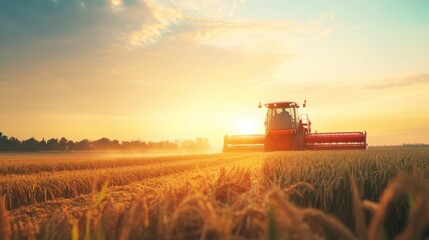 Fototapeta premium A red combine harvester working in a field of golden wheat at sunset