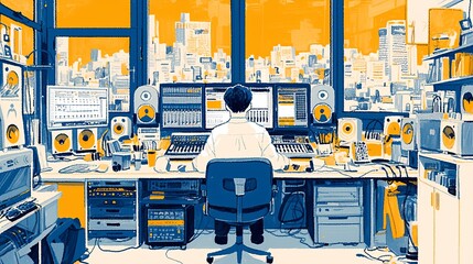 Audio engineer working in a modern studio with cityscape view