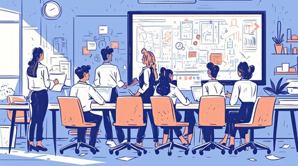 Diverse team engaging in a collaborative office presentation meeting