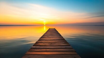 Obraz premium A wooden dock stretches out into a calm lake, leading towards 