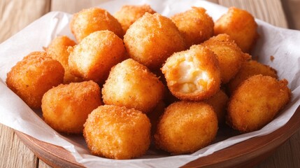 French-style crispy potato croquettes with cheese, served on baking paper atop a wooden table, leaving space for text or branding in food advertisements.
