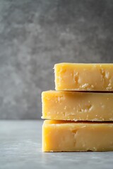 A piece of aged cheddar cheese, cut into three slices