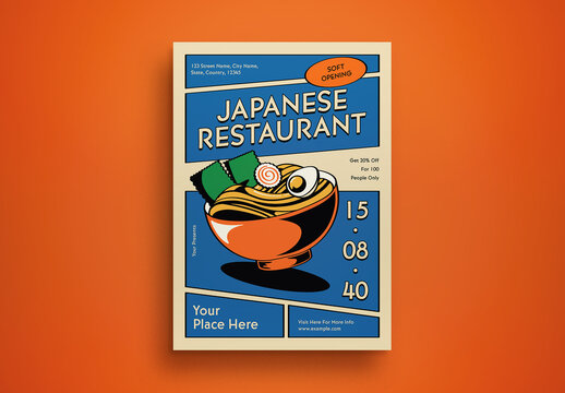 Blue Vintage Soft Opening Japanese Restaurant Flyer Layout