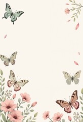 Hand-Painted Butterflies and Flowers on a Soft Pastel Background, Elegant Nature Design