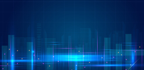 Smart city technology and modern futuristic cities blue light vector