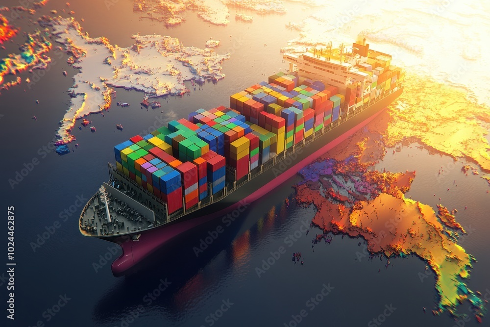 Poster a large container ship sails across a world map, with the map highlighting the continents