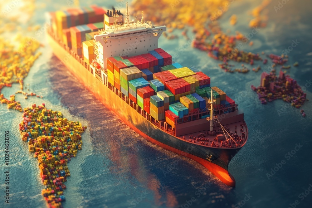 Poster a large container ship sails across a world map, with the map highlighting the continents