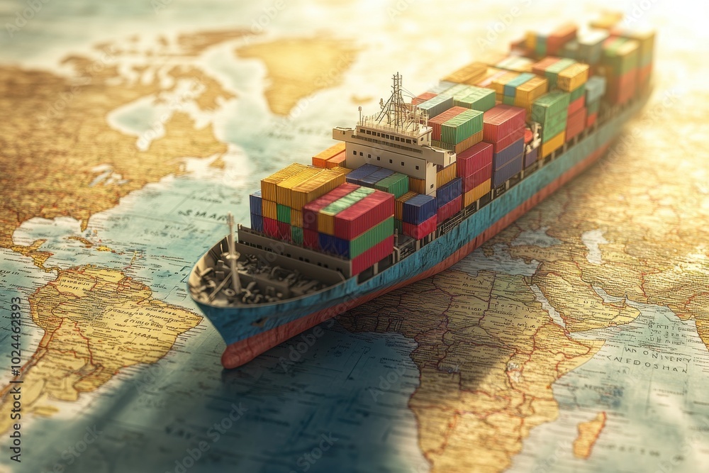 Poster a large container ship sails across a world map, with the map highlighting the continents