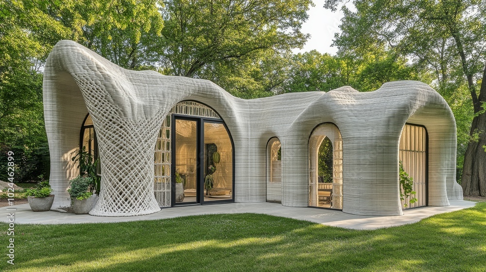 Poster a unique, organic-shaped building nestled in greenery, showcasing modern architecture with intricate