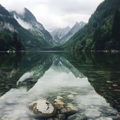 A crystal-clear lake reflecting the surrounding mountains, symbolizing clarity and tranquility in a natural setting.