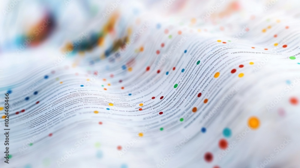Poster abstract wavy surface with colorful dots and text, suggesting data visualization or design.