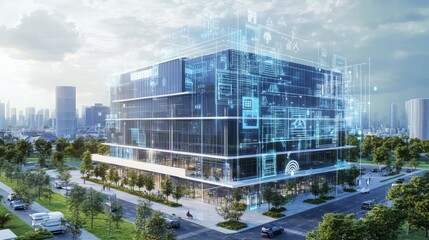 A modern, tech-inspired office building featuring digital elements amidst greenery and urban surroundings.