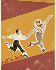 Charm of 30s and 40s era. Stylish young couple, man and woman joyfully dancing against retro-style...