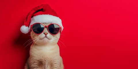 Merry Christmas concept holiday vacation winter animal pet greeting card - Cool santa claus cat with sunglasses and santa hat, isolated on red background