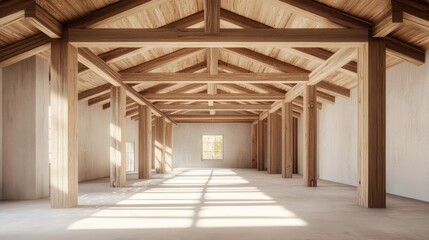 A spacious, modern interior featuring wooden beams and large windows, bathed in natural light, perfect for versatile use.