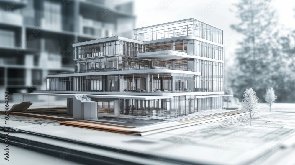 Poster a detailed architectural model showcasing a modern multi-story building with glass and open spaces, 