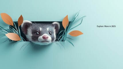 Curious Ferret Peeking Through Leaves on Blue Background   Explore More in 2025