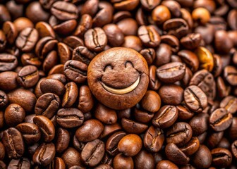 Enjoy a whimsical smiling face crafted from coffee beans, highlighted by macro photography that reveals rich textures, inviting charm, and delightful artistry.