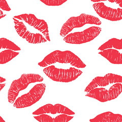 Seamless pattern Red lipstick kiss on white background. flat illustration for design. Printing of the lips. For print, fabric, invitation, brochure, card, wallpaper