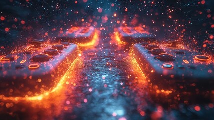 An artistic representation of gaming controllers surrounded by colorful glowing textures and sparkling lights, creating a vibrant atmosphere.