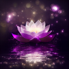A serene white and purple lotus floating on water, surrounded by enchanting light and sparkles