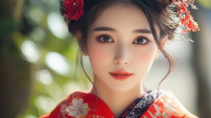 Naklejka premium Traditional Japanese Woman in Red Kimono with Makeup. Beautiful Japanese woman wearing a traditional red kimono with elegant makeup set against a serene natural backdrop showcasing cultural heritage