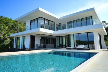 Fototapeta premium A luxurious, modern two-story home with clean white walls and expansive glass windows