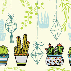 Cactus seamless pattern. Trendy boho background. Cacti fabric print design. Succulent textile surface.