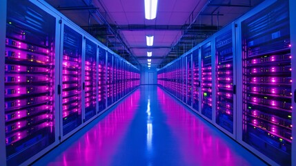 Fototapeta premium Futuristic data center aisle with rows of servers illuminated in vibrant purple and blue light, showcasing modern digital infrastructure.