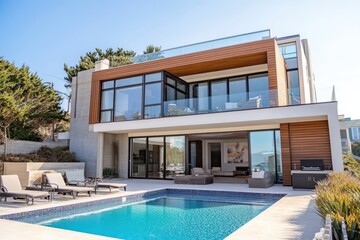 A luxurious waterfront home with two stories of large glass windows overlooking a pool