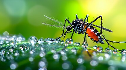 Fototapeta premium Close-up of a mosquito on a dewy leaf with colorful background