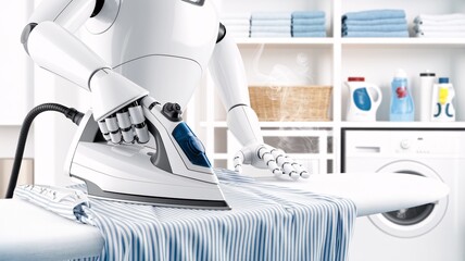 Close-up of a white plastic robot using an iron to press a shirt on an ironing board. The robot’s hand glides smoothly over the fabric, creating perfect creases. 