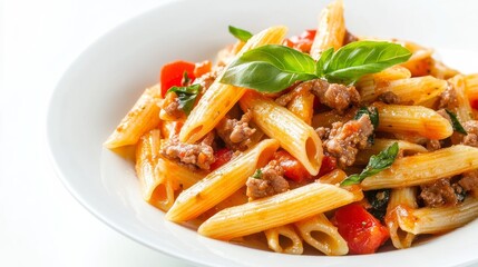 Meat & veggie penne on white