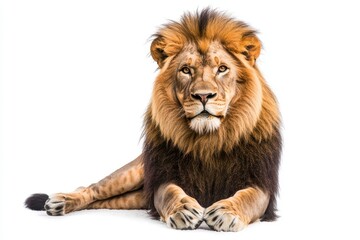 Obraz premium A majestic male lion sitting calmly with his paws extended in front. His golden mane frames