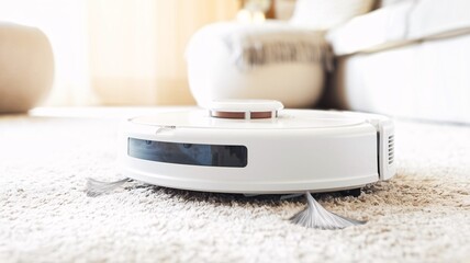 Close-up of a white plastic robot vacuuming a plush carpet in the living room. The robot's sensors are focused on the floor, with a sleek vacuum attachment ensuring no dust is missed. 