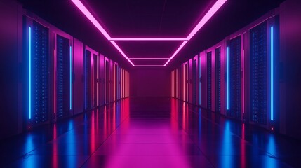 Fototapeta premium A sleek, modern server room illuminated with vibrant pink and blue lights, featuring rows of high-tech servers in a futuristic corridor.